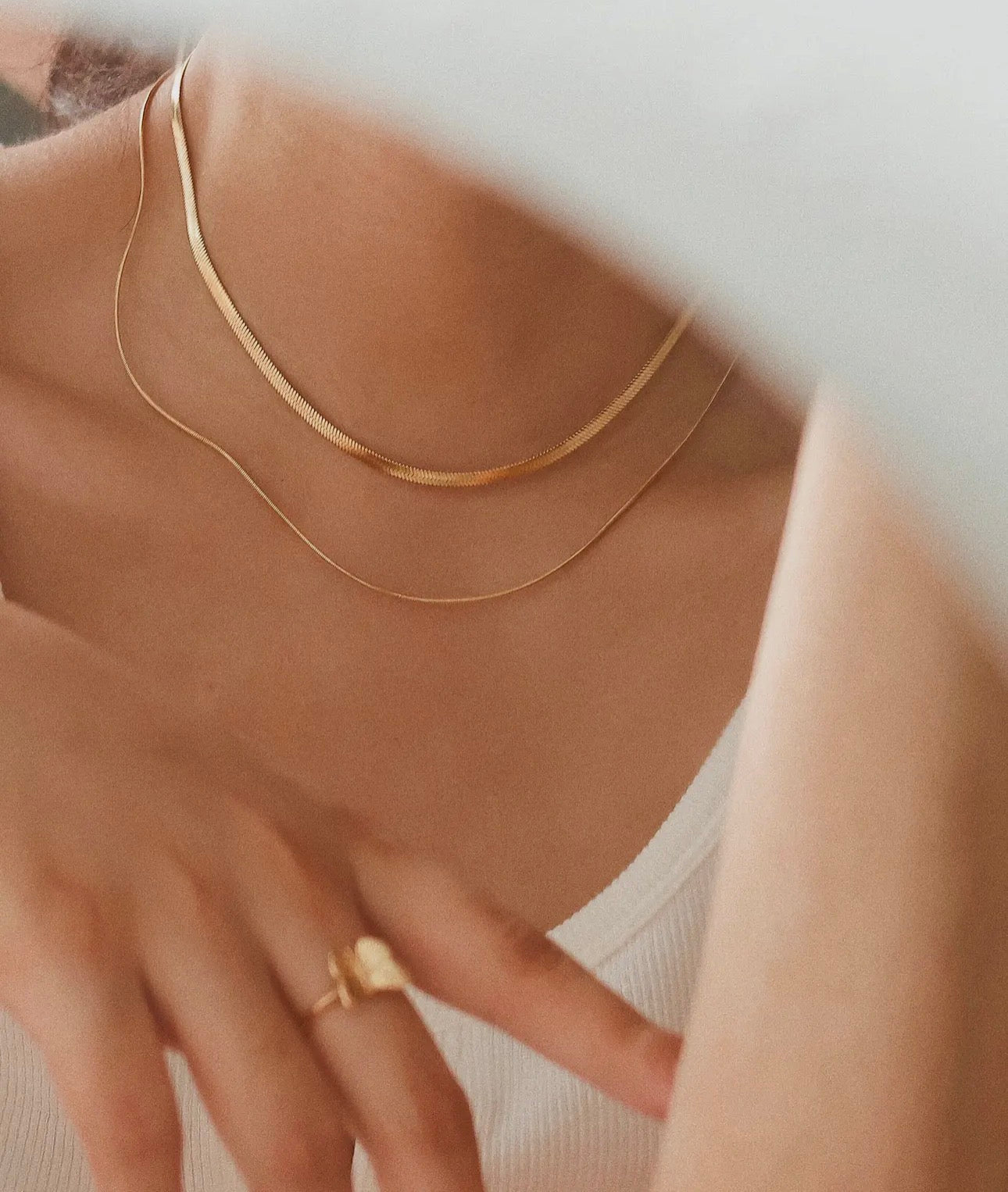 Jean 18K Gold Non-Tarnish Layered Flat Snake Chain Necklace
