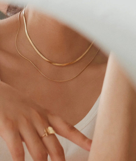 Jean 18K Gold Non-Tarnish Layered Flat Snake Chain Necklace